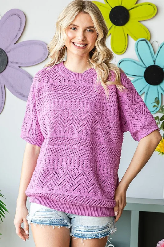 Violet Crochet Knit Short Sleeve Sweater Top Big Savings