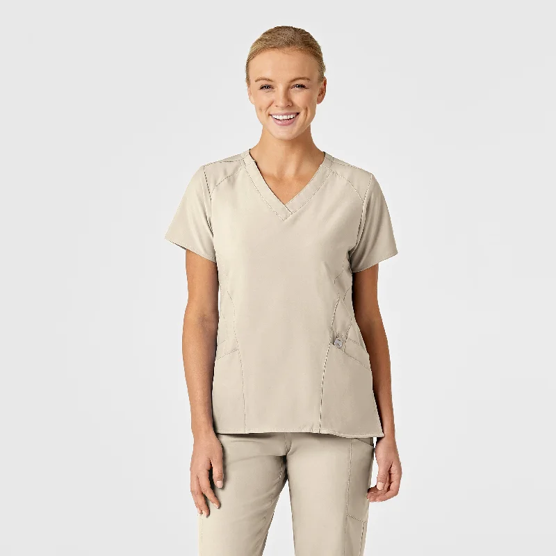 W123 Women's Stylized V-Neck Scrub Top - Khaki Effortless Style, Endless Impact