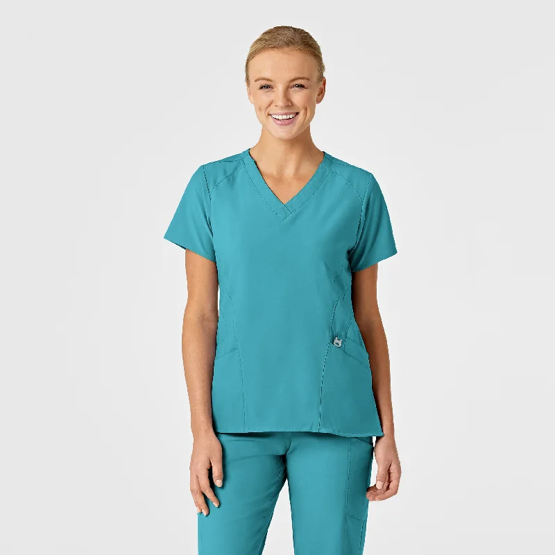 W123 Women's Stylized V-Neck Scrub Top - Teal Blue Durable Fashion Picks