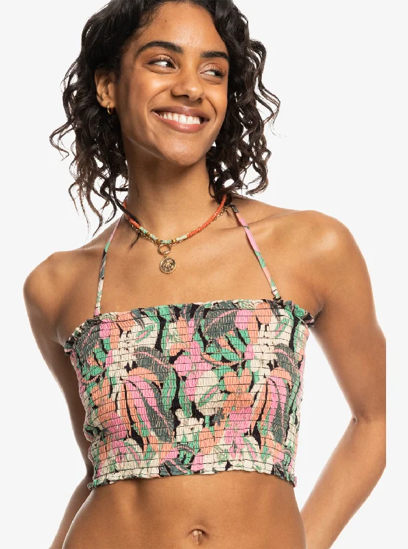 Warm Waters Ruched Bandeau Top - Anthracite Palm Song Romantic Detailing