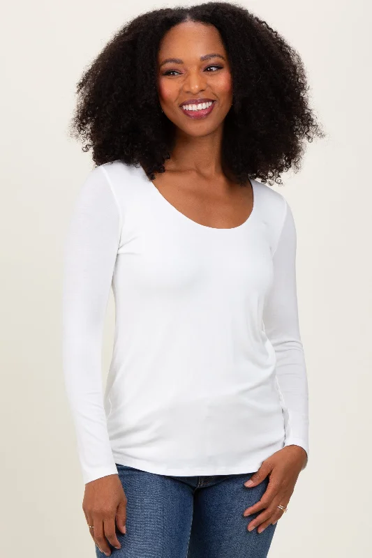 White Basic Scoop Neck Long Sleeve Top Romantic Date - Night Ensemble