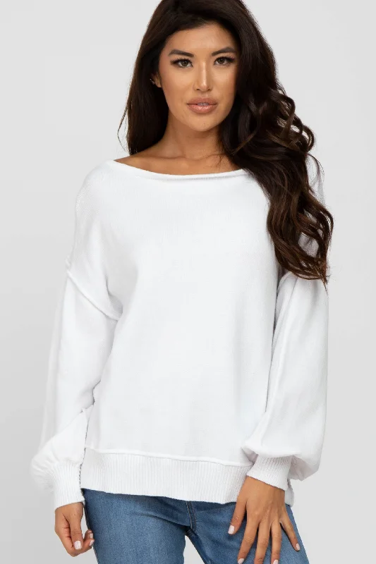 White Boat Neck Bubble Sleeve Sweater End Of Month Blowout