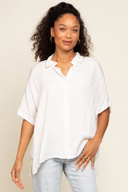 White Button Up Dolman Short Sleeve Top Elevate Your Wardrobe