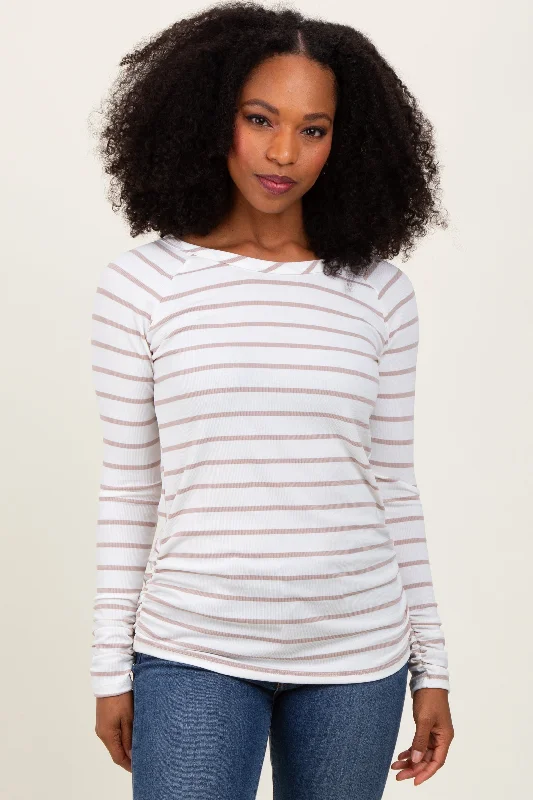 White Striped Ruched Side Long Sleeve Top Odd Size Clearance Sale