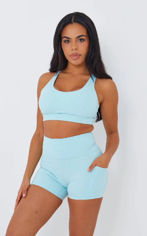 Bliss Biker Short 4" With Pockets in Pastel Turquoise Elegant Details