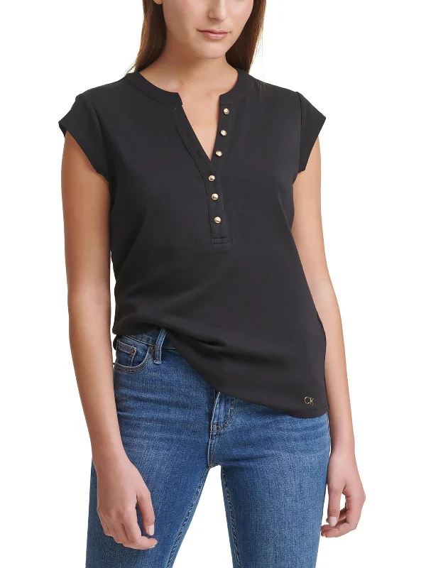 Womens Button Front Heathered Henley Seasonal Sale