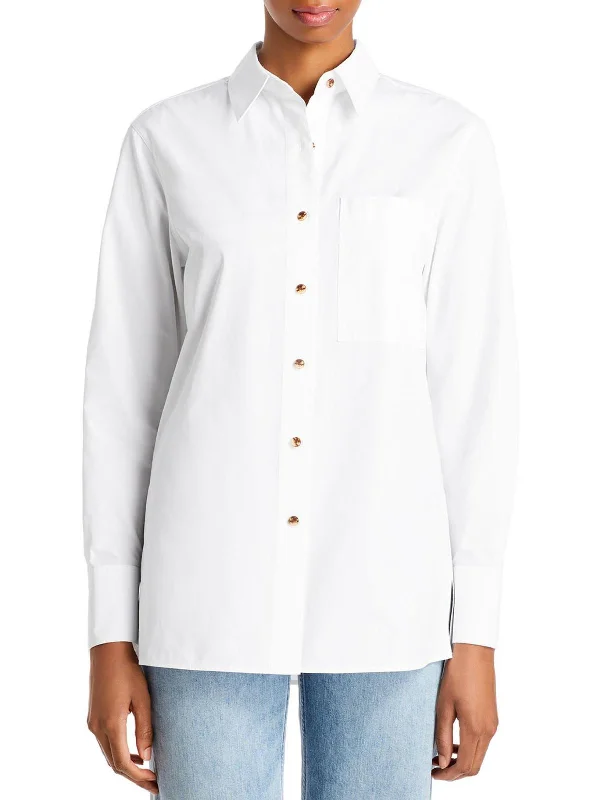 Womens Collar Cotton Button-Down Top Minimalist Elegant