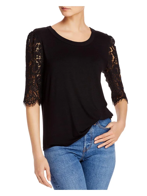 Womens Crew Neck Lace Sleeve Top Romantic Detailing