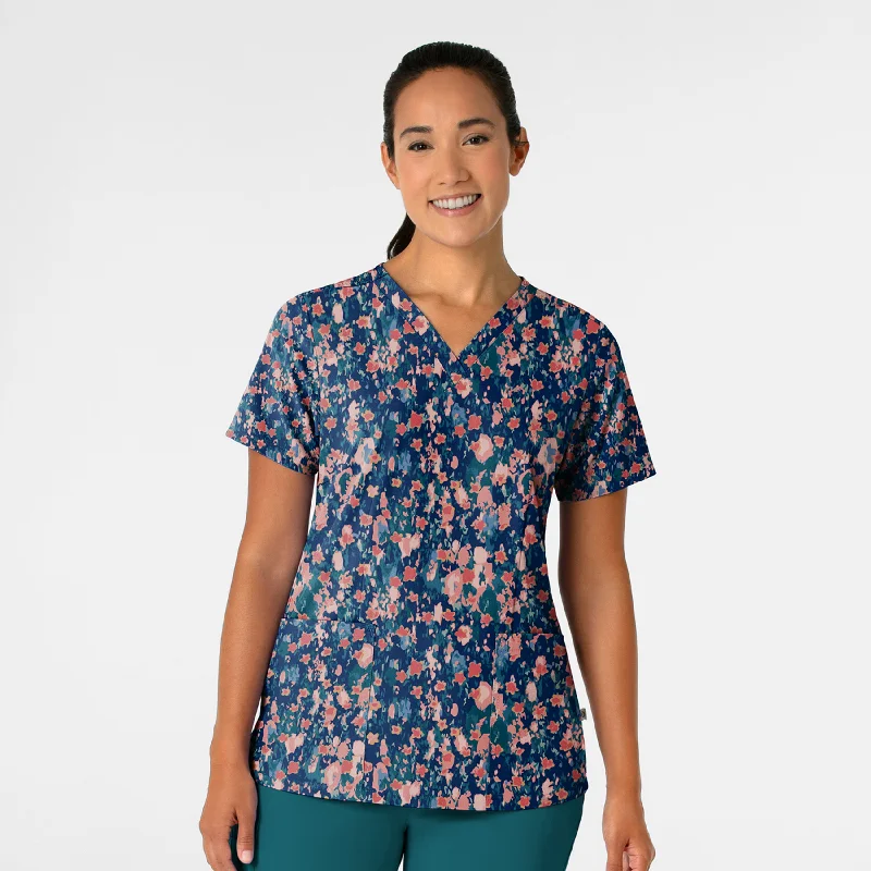 Women's Fitted 3-Pocket V-Neck Print Scrub Top - Flower Shower Day-To-Night Styles