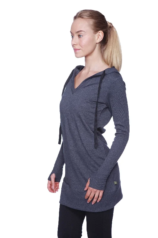 Women's Long Body Hoodie Top (Charcoal w/Black) Modern Glamour