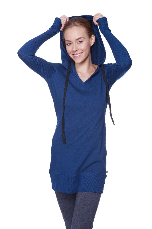 Women's Long Body Hoodie Top (Royal Blue w/Charcoal) Modern Women's Fashion