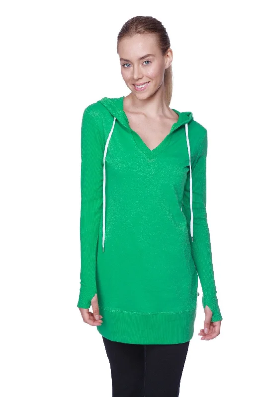 Women's Long Body Hoodie Top (Solid Bamboo Green) Luxe Women's Apparel