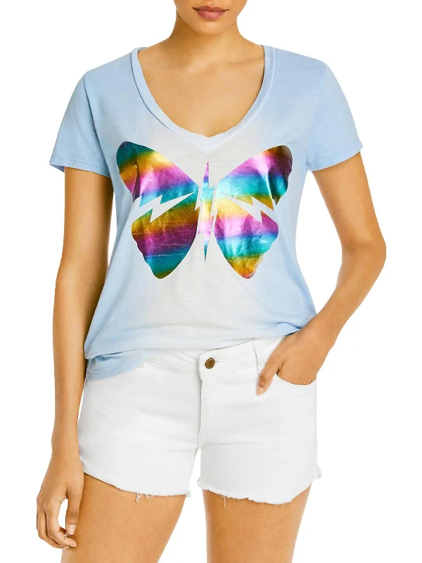 Womens Metallic V-Neck Graphic T-Shirt Seasonal Sale