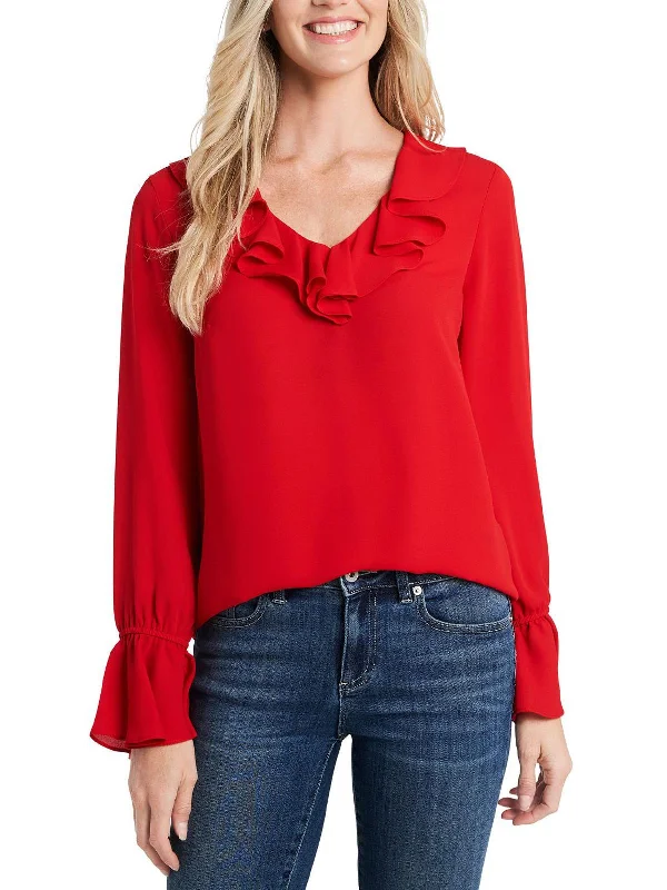 Womens Ruffled V-Neck Blouse Trendy Street Style Attire