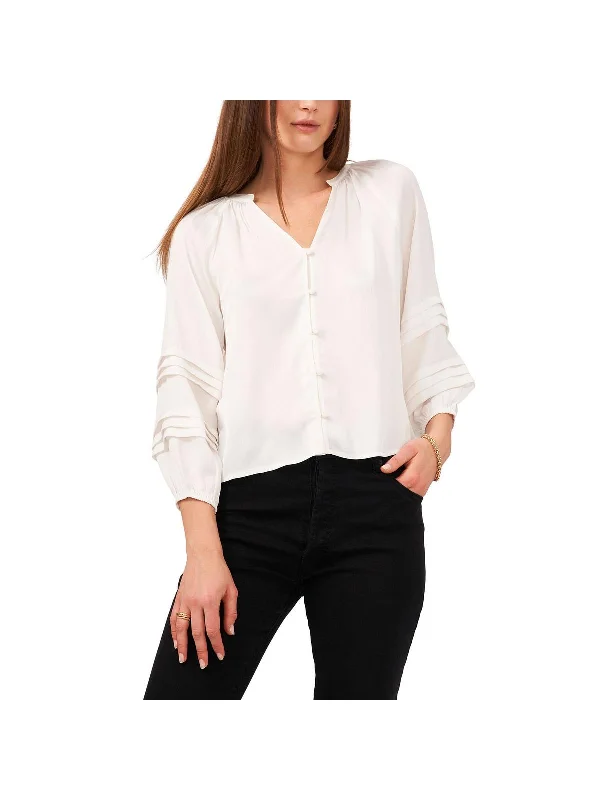 Womens Satin Shutter Pleat Button-Down Top Luxury Style