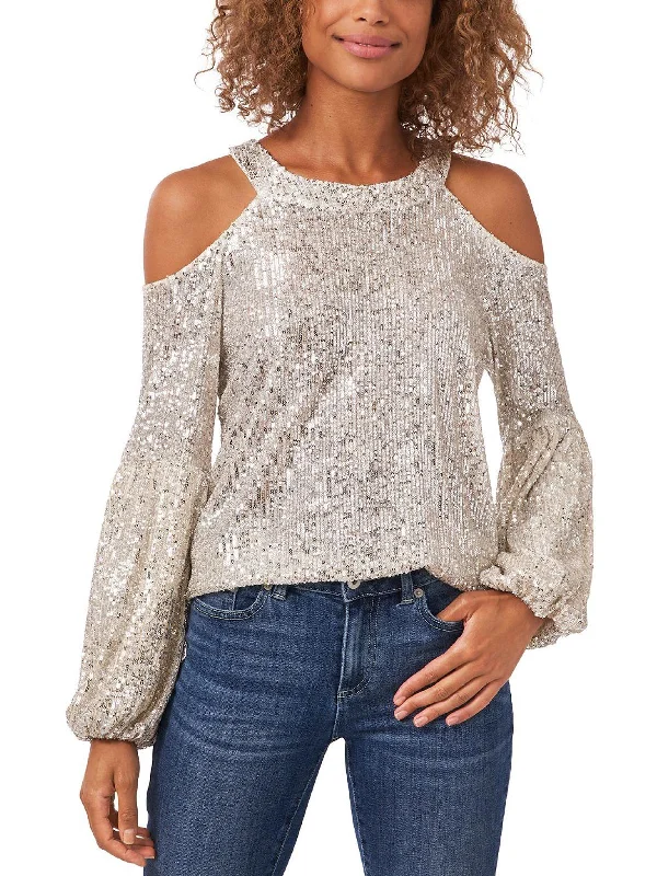 Womens Sequined Cold Shoulder Blouse Runway Inspired Wear