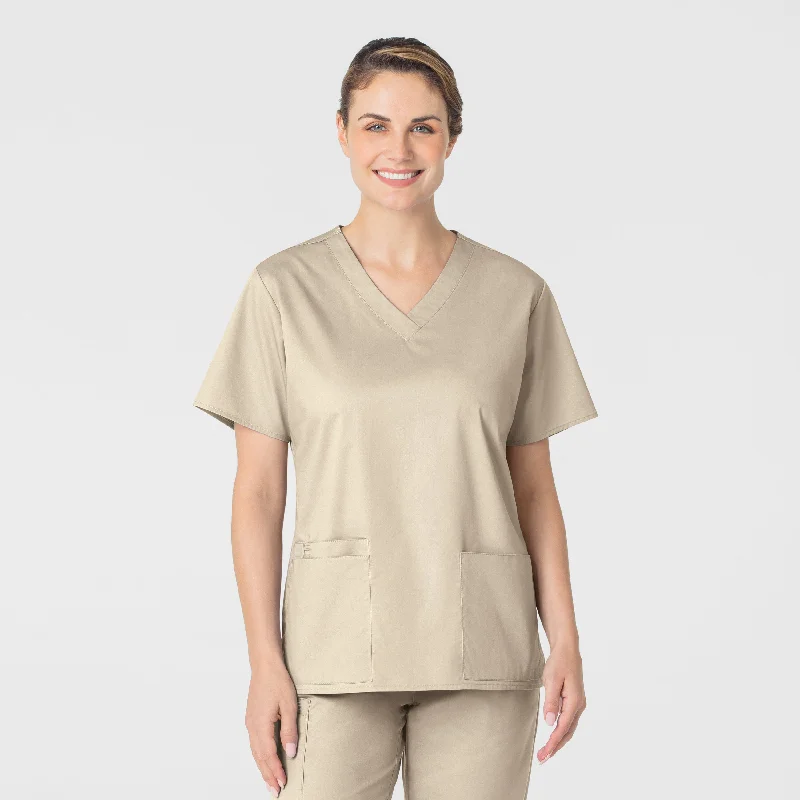 WonderWORK Women's V-Neck Scrub Top - Khaki Elegant Details