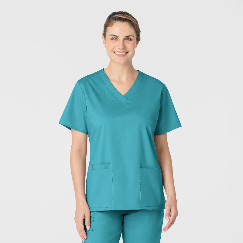 WonderWORK Women's V-Neck Scrub Top - Teal Blue Boho - Chic Festival - Ready Style