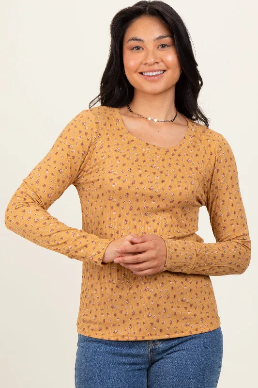 Yellow Floral Ribbed Long Sleeve Top Clearance Sale, All Cheap