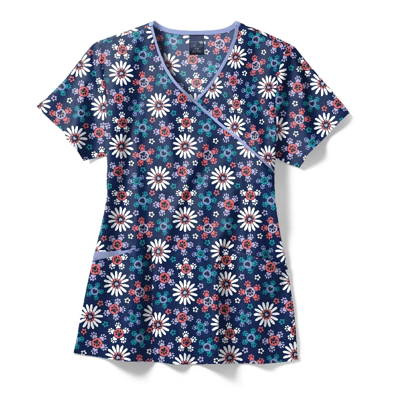 Zoe+Chloe Contrast Mock Wrap Print Scrub Top - Flower Pawer Fashion Essentials