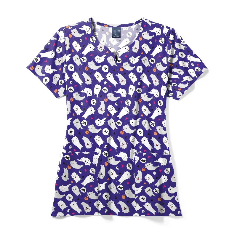 Zoe+Chloe Performance Notch Neck Print Scrub Top - Purranormal Cativity Seize Bargains