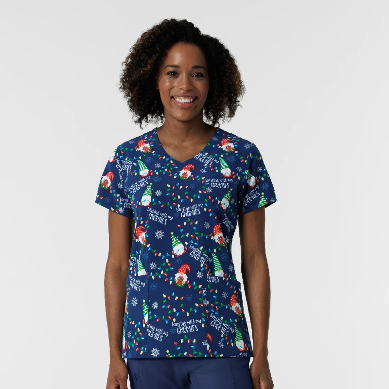 Zoe+Chloe Performance V-Neck Print Scrub Top - Gnome Alone Evening Looks