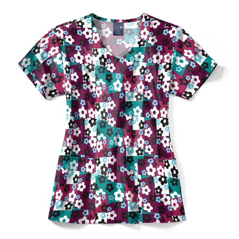 Zoe+Chloe Performance V-Neck Print Scrub Top - Skater Check Wine Best Seller