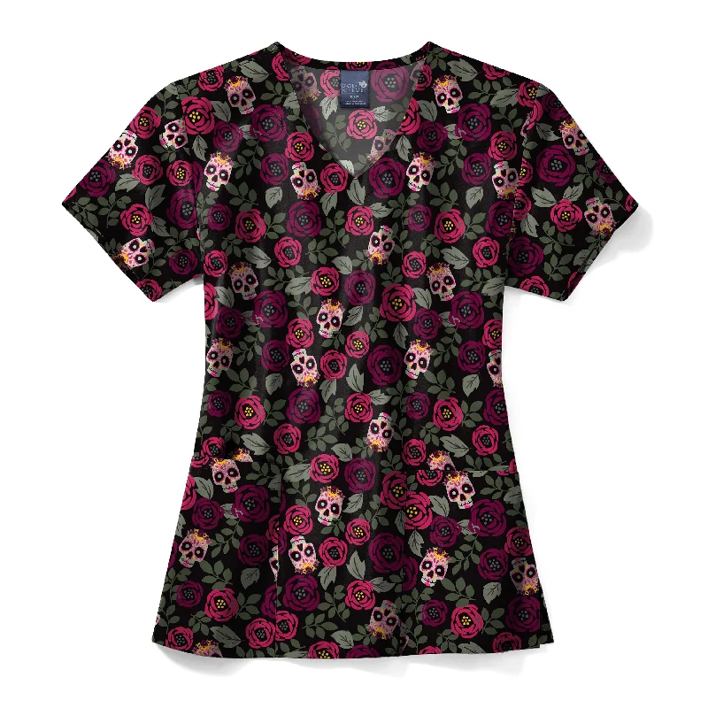 Zoe+Chloe Performance V-Neck Print Scrub Top - Sugar Skull Roses Flash Sale