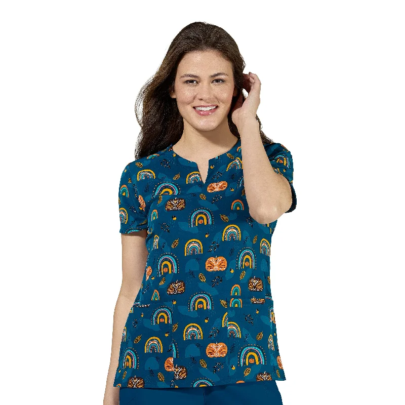 Zoe+Chloe Performance Notch Neck Print Scrub Top - Pumpkin Wishes Latest Trends