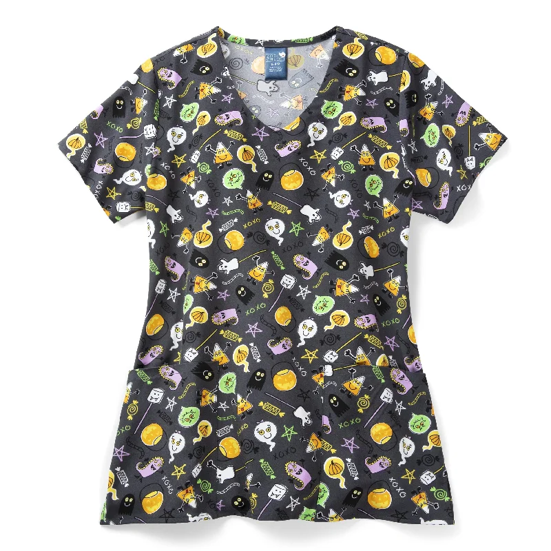 Zoe+Chloe Performance V-Neck Print Scrub Top - Monster Bites Exclusive Sale