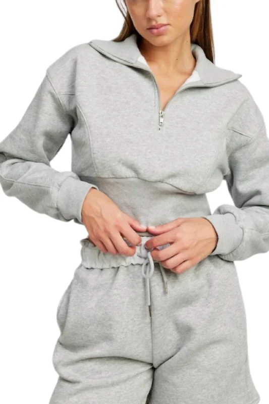 1/4 Zip Up Cropped Sweatshirt In Heather Grey Fashion Forward