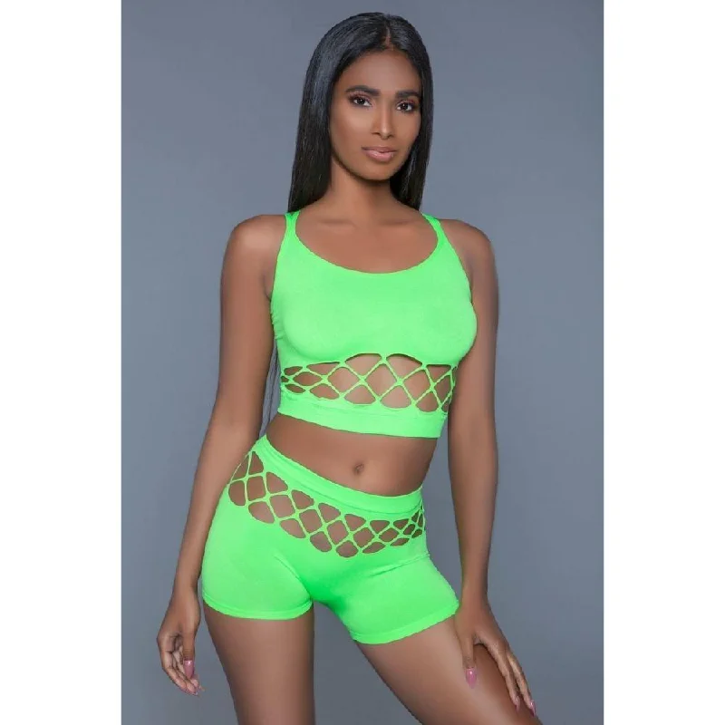 2 pc silk fishnet set that includes a tank crop top with criss-cross cami straps and a pair of high waisted booty shorts. Women's Urban Fashion