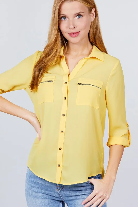 3/4 Roll Up Sleeve Pocket W/zipper Detail Woven Blouse Chic Trends For The Fashion Savvy