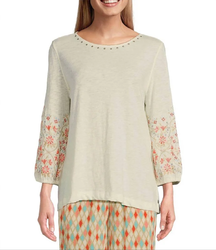 3/4 Sleeve Scoop Neck Top With Embroidery In Ivory Latest Fashion