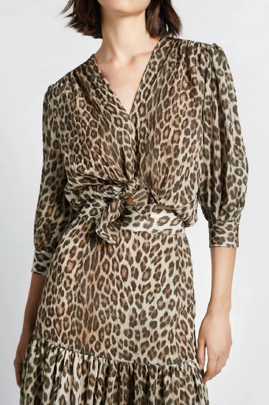 3/4 Sleeve Tie Front Blouse In Leopard Limited Stock