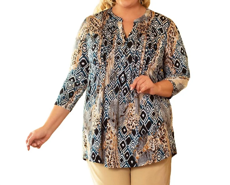 3/4 Sleeve V-Neck Tunic Top - Plus Size In Mosaic Jungle Refined Simplicity