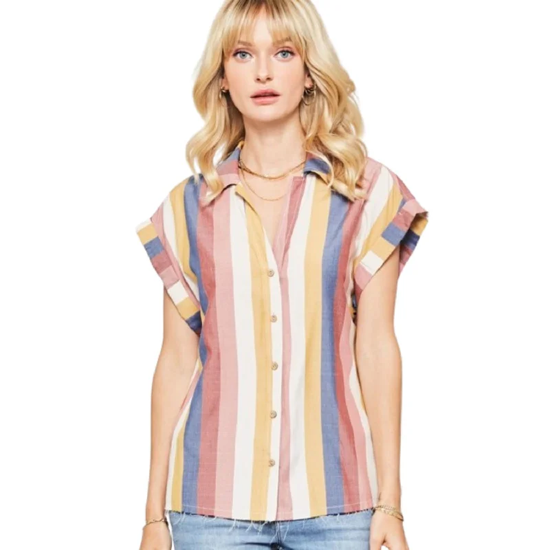 A Woven Shirt In Multicolor Striped With Collared Neckline Trendy Street Style