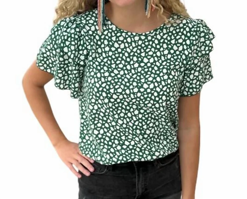 Abstract Print Flutter Sleeve Top In Green/white Flash Sale Starts