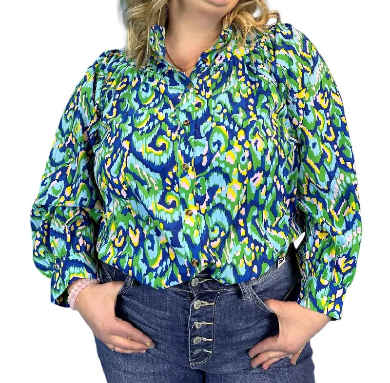 Abstract Print Mandarin Collar Button Down Top In Blue/yellow/green Browse Our Top Products