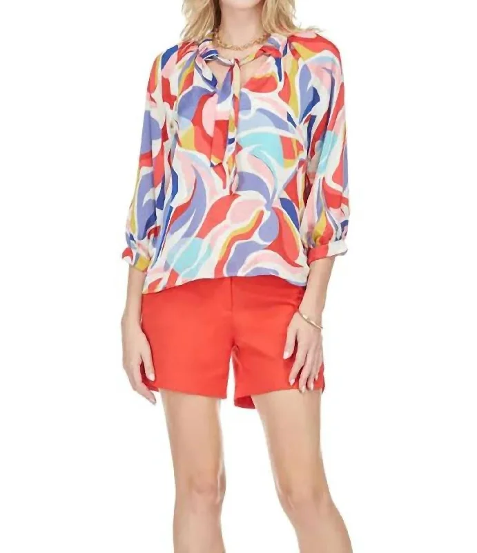 Abstracted Swirl Peasant Top In Blue/red Limited Stock, Big Sale