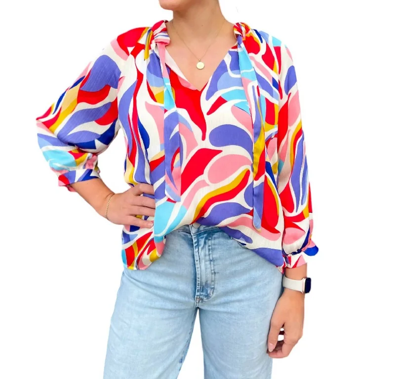 Abstracted Swirl Peasant Top In Multicolor Hot Trends