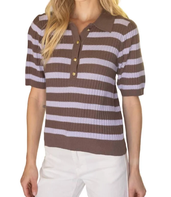 Accent Button Short Sleeve Striped Knit Top In Lavender/cocoa The Latest Trends