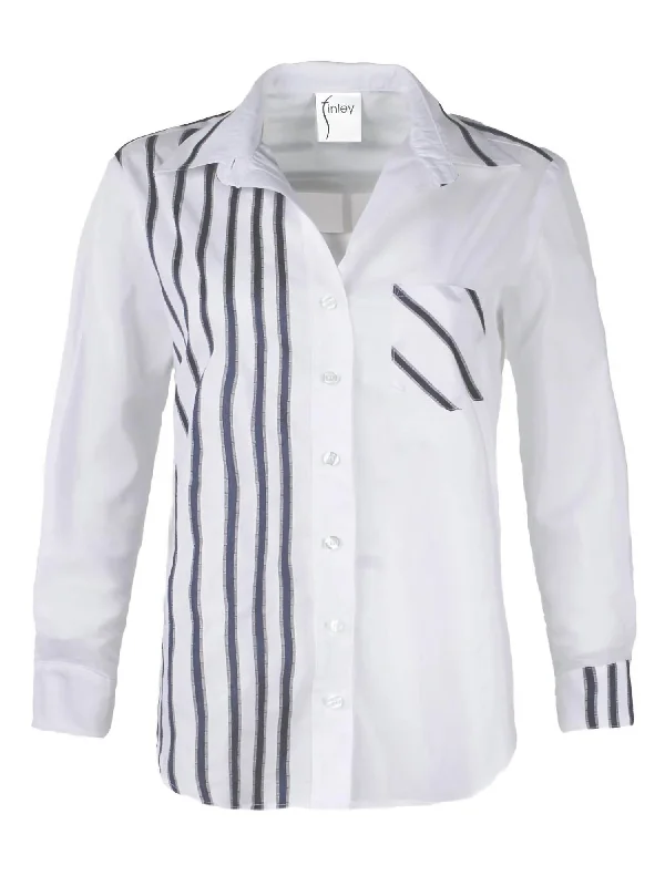 Alex Ribbon Stripe Shirt In Navy/white Disco - Inspired Retro Dance Look