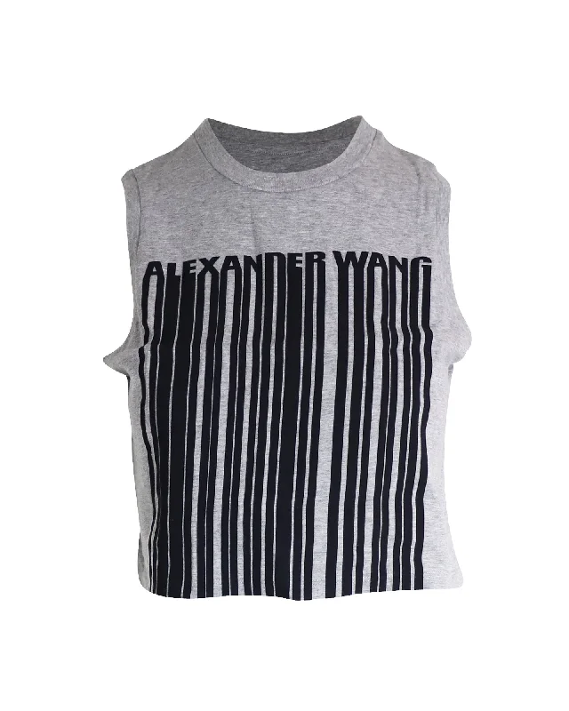 Alexander Wang Barcode Printed Sleeveless Cropped Top in Grey Cotton Seasonal Trend