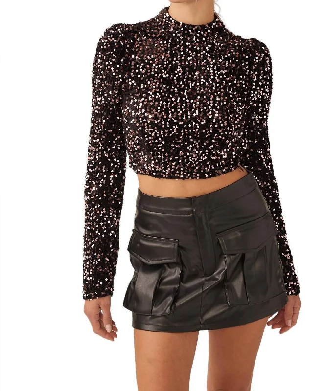 All Night Long Sequin Crop Top In Black/pink Evening Looks