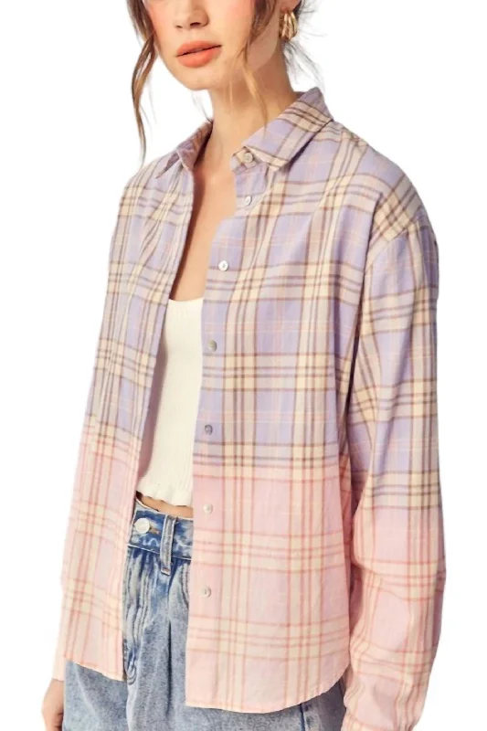 Amanda Ombre Plaid Cotton Flannel Top In Purple/pink Must Haves