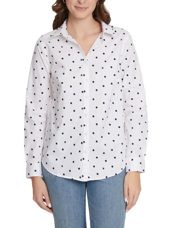 Amanda Womens Cotton Blend Polka Dot Button-Down Top Exclusive Designer Collection