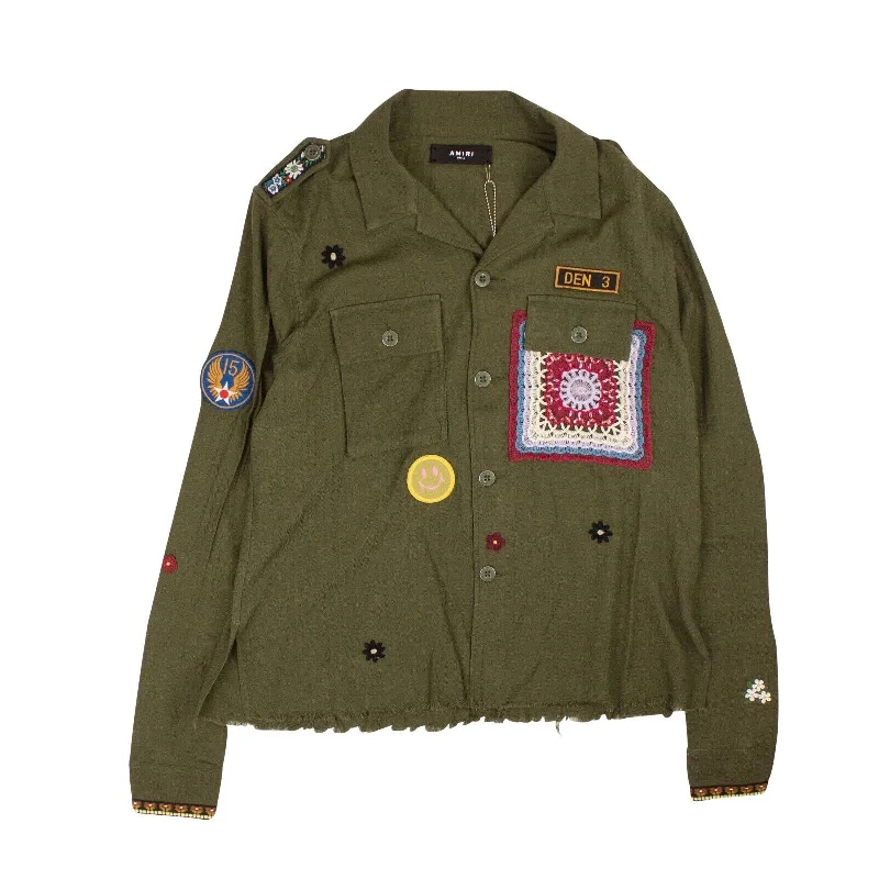 Amiri Crochet & Patch Military Shirt - Olive Exclusive Sale