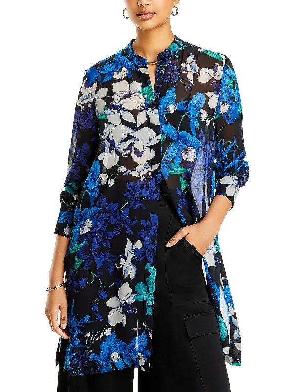 Amy Womens Floral Print Button-Down Blouse Seasonal Clearance