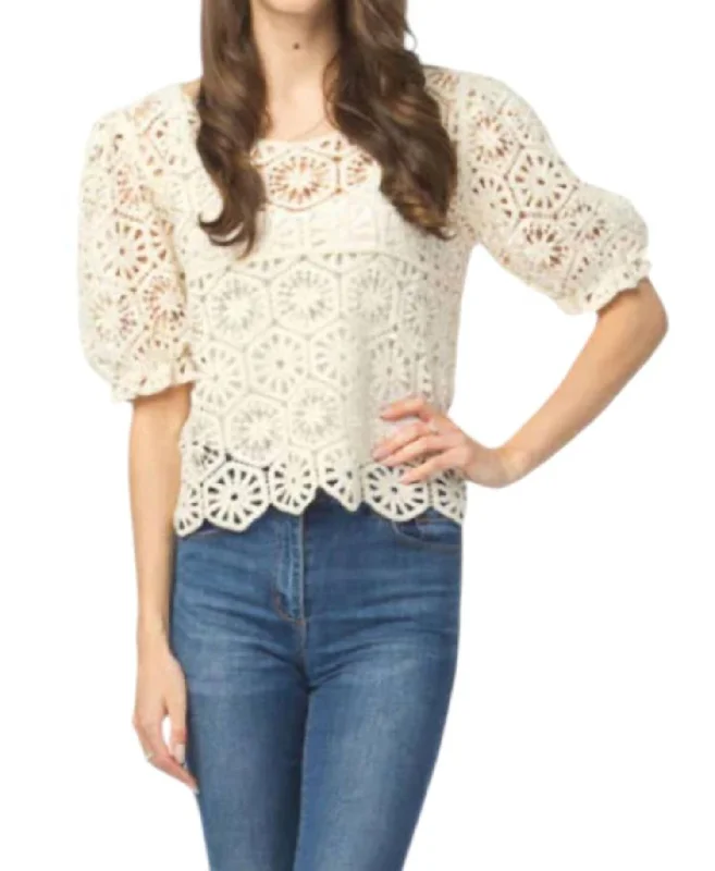 Arielle Crochet Puff Sleeve Top In Cream Vintage Inspired Fashion Sale